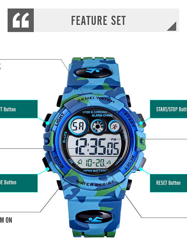 SKMEI Kids Sport Watch Quartz Modern Style Sporty Camouflage Alarm Calendar / date / day Chronograph Digital Blue Green / One Year / Silicone