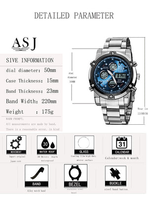 ASJ Men&#039;s Sport Watch Military Watch Digital Watch Digital Casual Water Resistant / Waterproof Alarm Chronograph Analog - Digital Black Silver / Blue Silver / Black / One Year / Stainless Steel