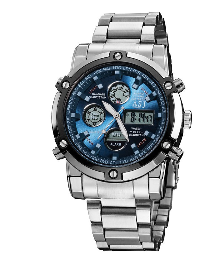 ASJ Men&#039;s Sport Watch Military Watch Digital Watch Digital Casual Water Resistant / Waterproof Alarm Chronograph Analog - Digital Black Silver / Blue Silver / Black / One Year / Stainless Steel