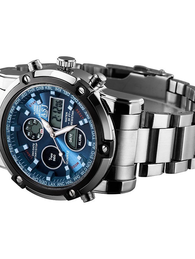 ASJ Men&#039;s Sport Watch Military Watch Digital Watch Digital Casual Water Resistant / Waterproof Alarm Chronograph Analog - Digital Black Silver / Blue Silver / Black / One Year / Stainless Steel